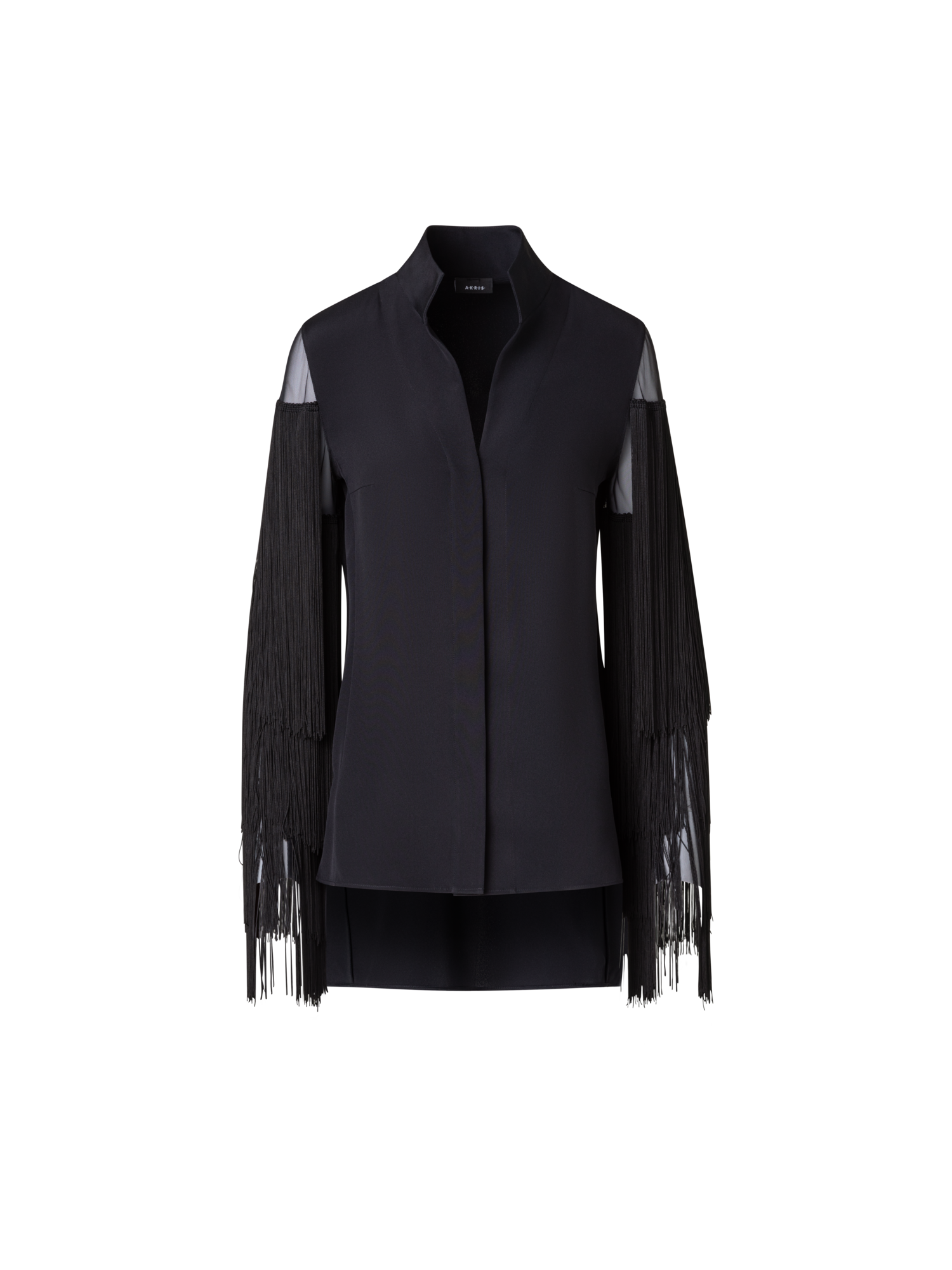 Designer Silk Tunic Blouse with Fringes Sleeves - black