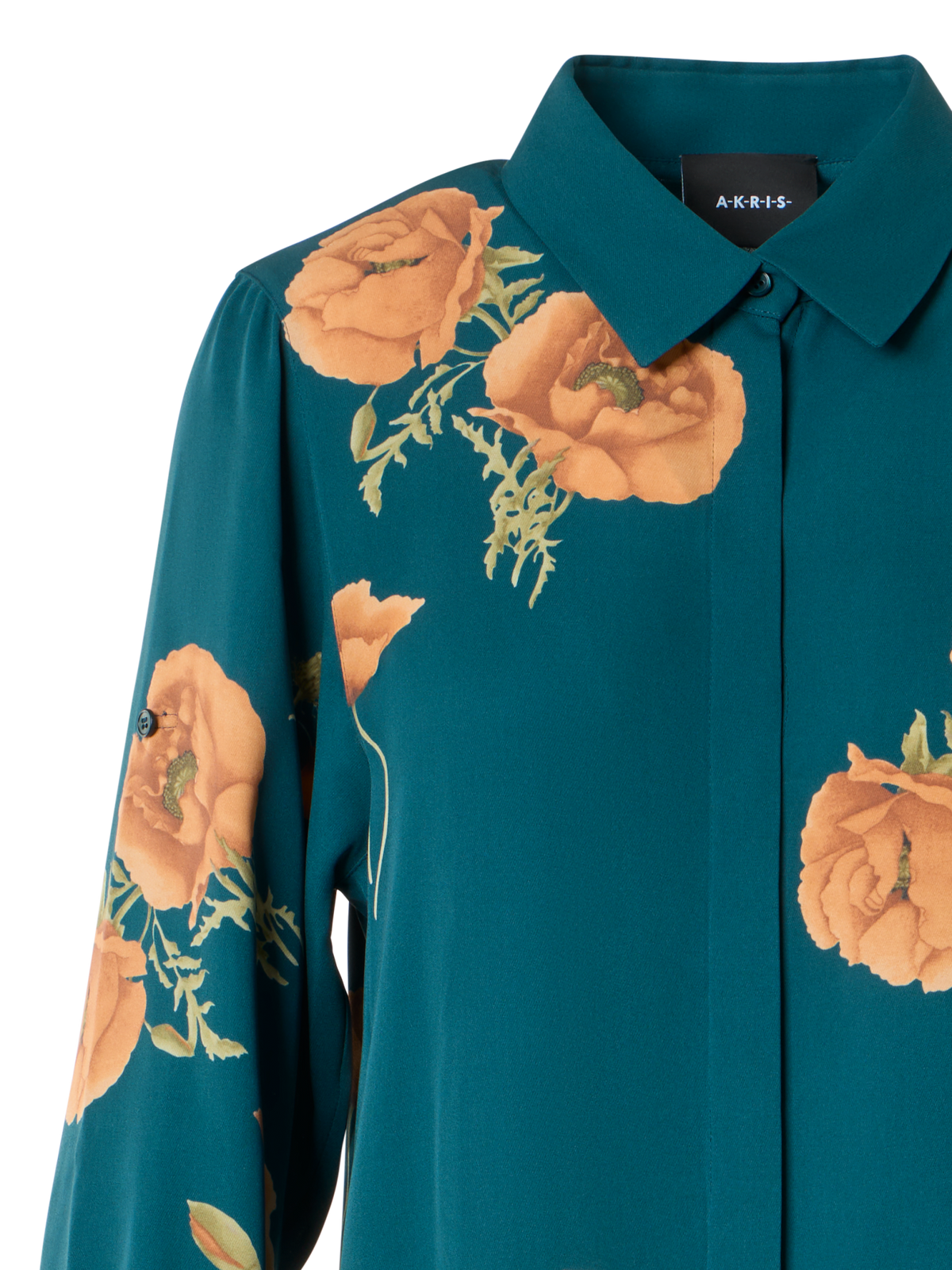 Designer Long Silk Tunic Dress with Anemone Print - green - multicolor