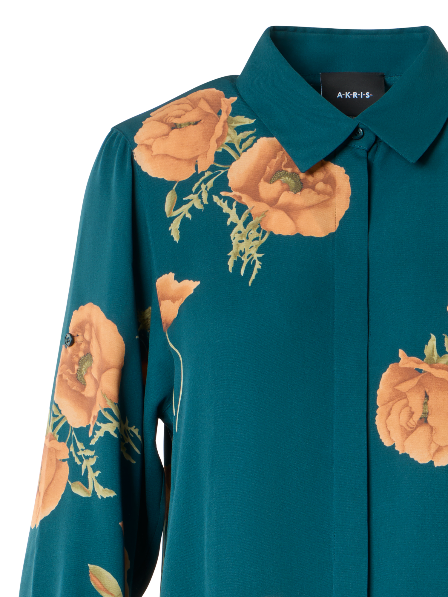 Designer Long Silk Tunic Dress with Anemone Print - green - multicolor