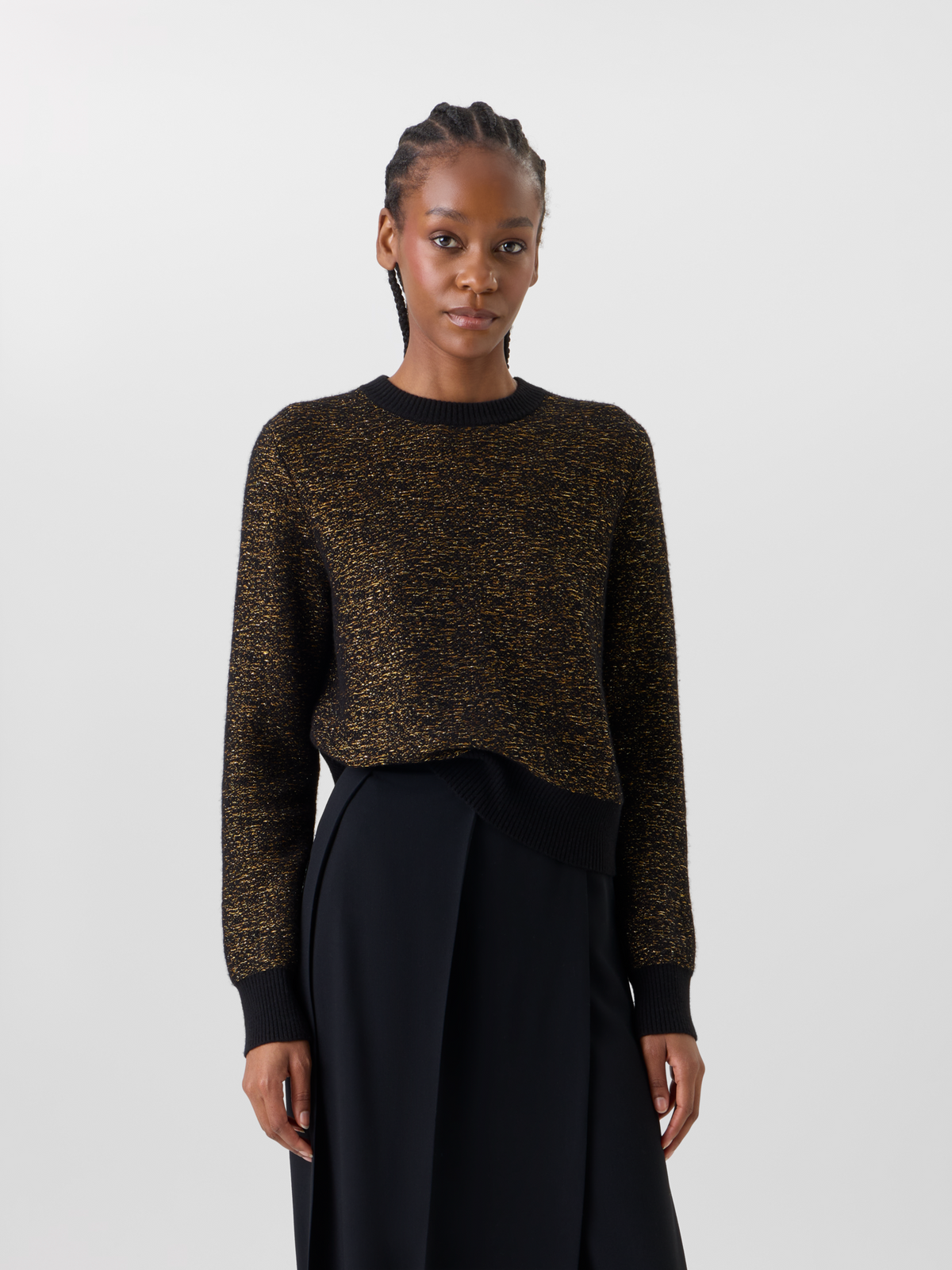 Designer Cashmere Lamé Sweater with Ribbed Trim - black 