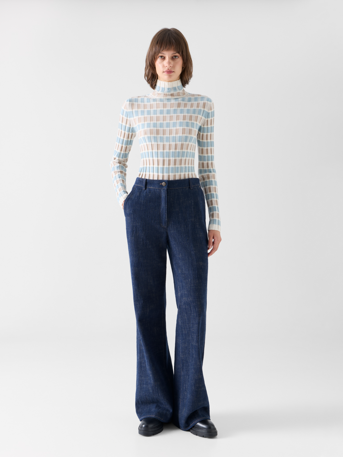 Designer Bootcut Pants in Brushed Winter Denim - navy #editorial