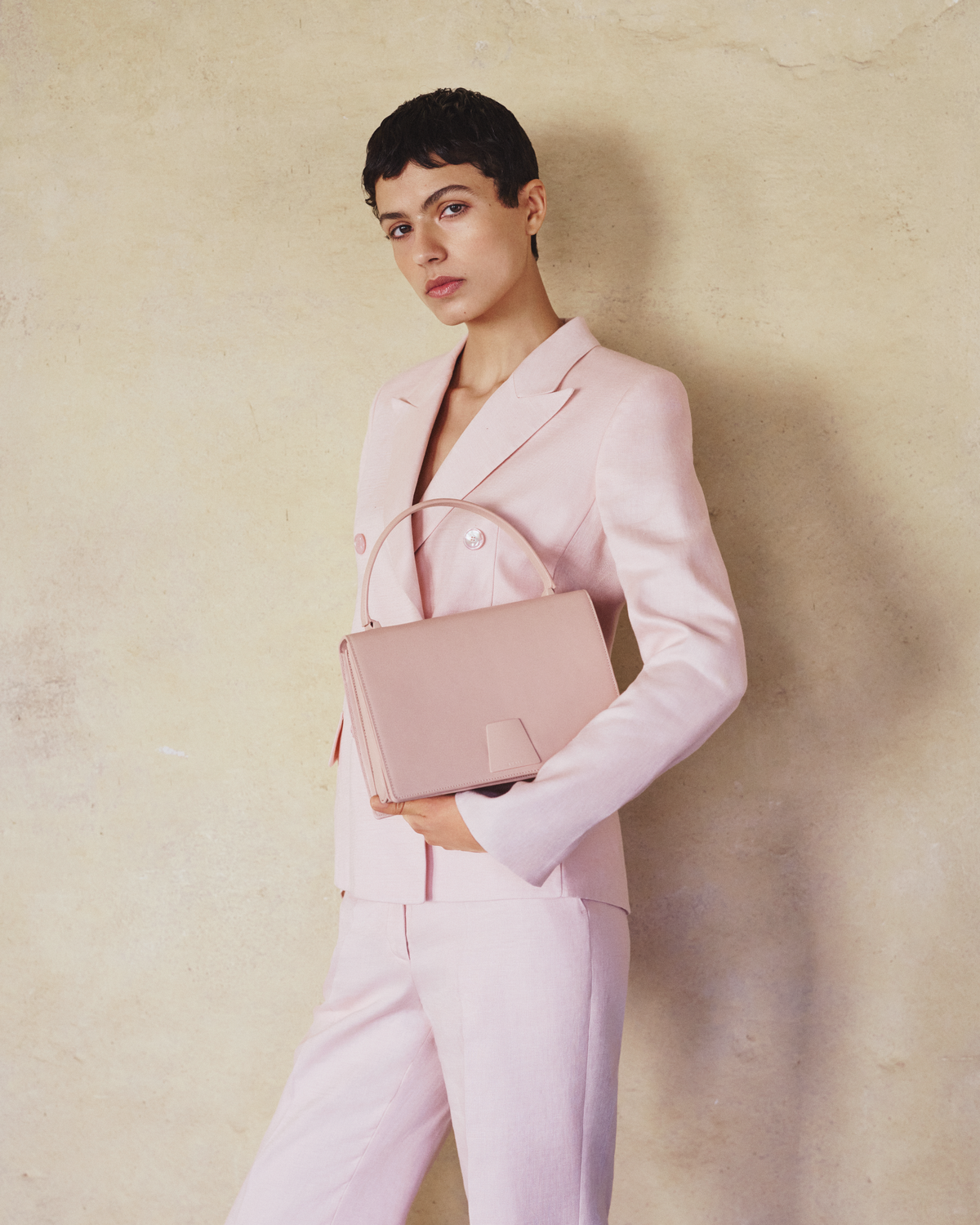 Designer Double-Breasted Blazer in Linen Double-Face - pastel - pink #editorial