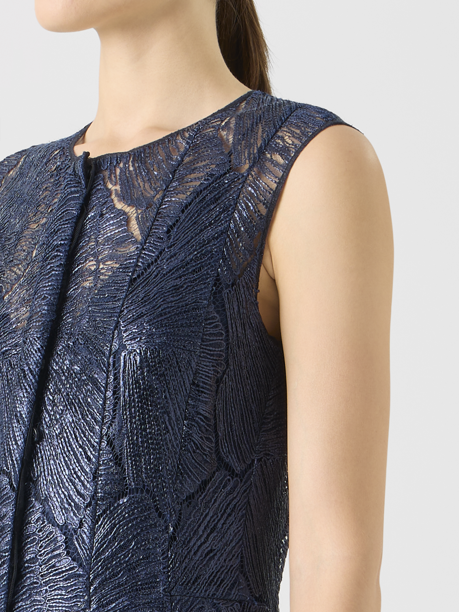 Designer Lacquered Sea Fan Lace Midi Dress - navy - blue 