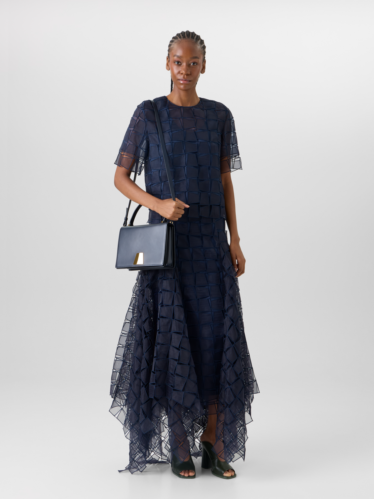 Designer Short-Sleeve Trapezoid Organza Blouse - navy #editorial