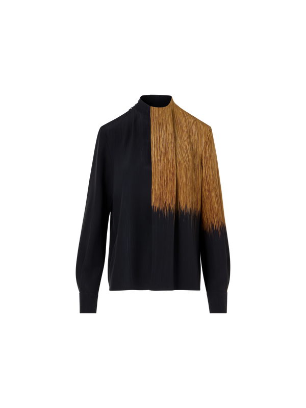 Designer Silk Blouse in Oro Lienzo Print with Overlayer - black - brown - multicolor