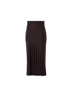Designer Pleated Midi Pencil Skirt in Wool Flannel - brown