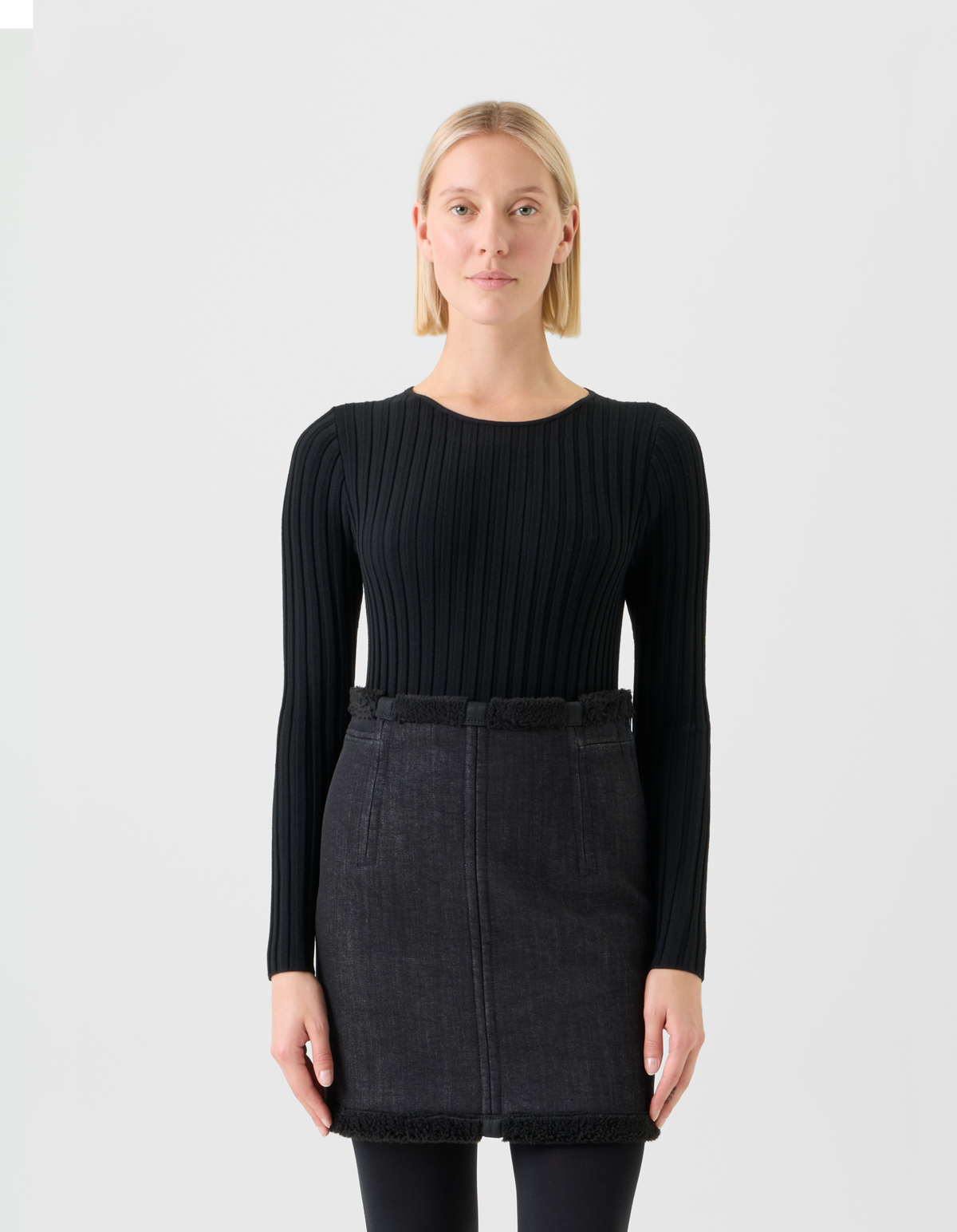 Designer Cotton Denim and Faux Shearling Mini Skirt - black - neutral #editorial