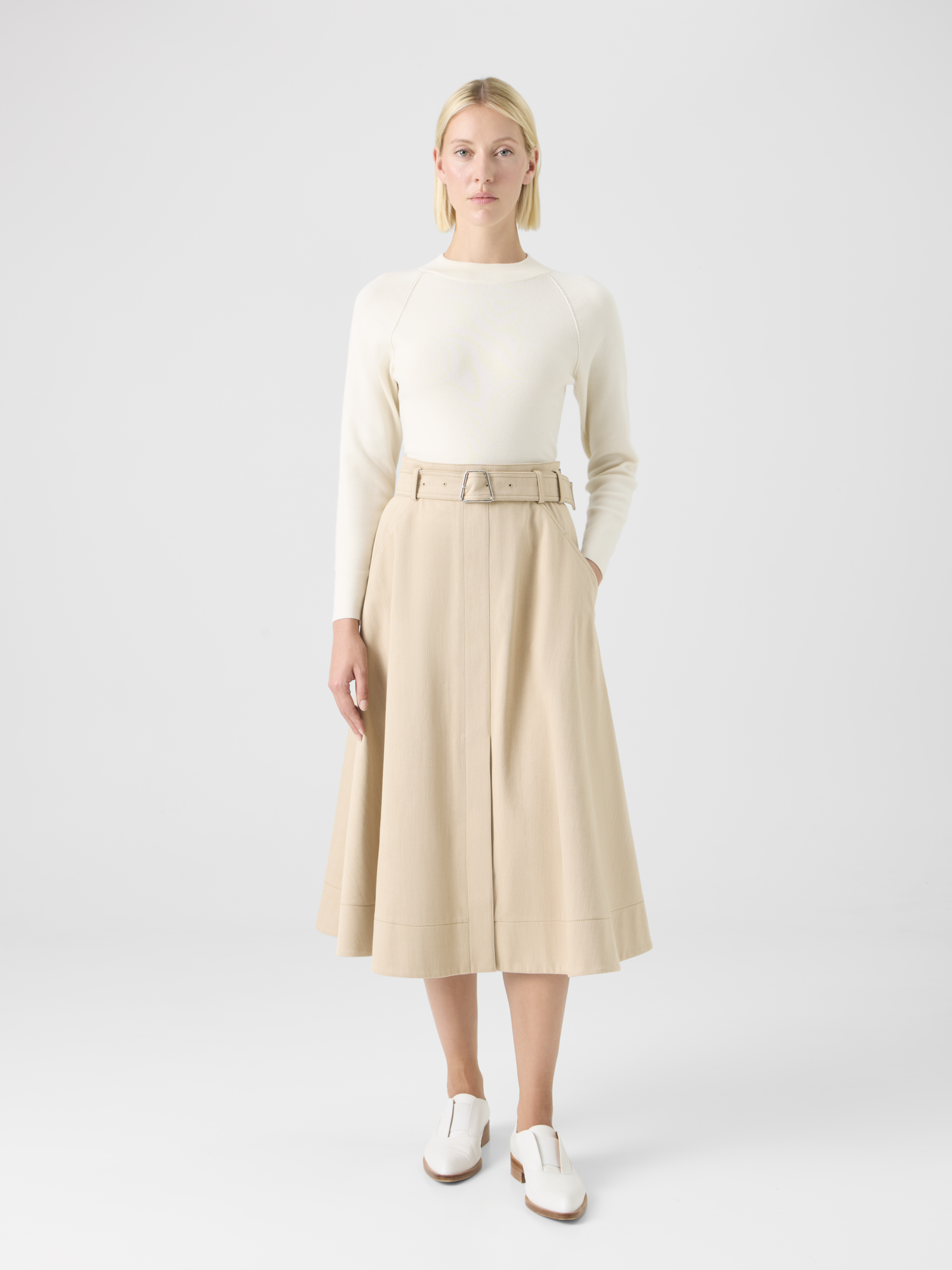 Designer Flared A-Line Midi Skirt in Cotton Denim - beige 