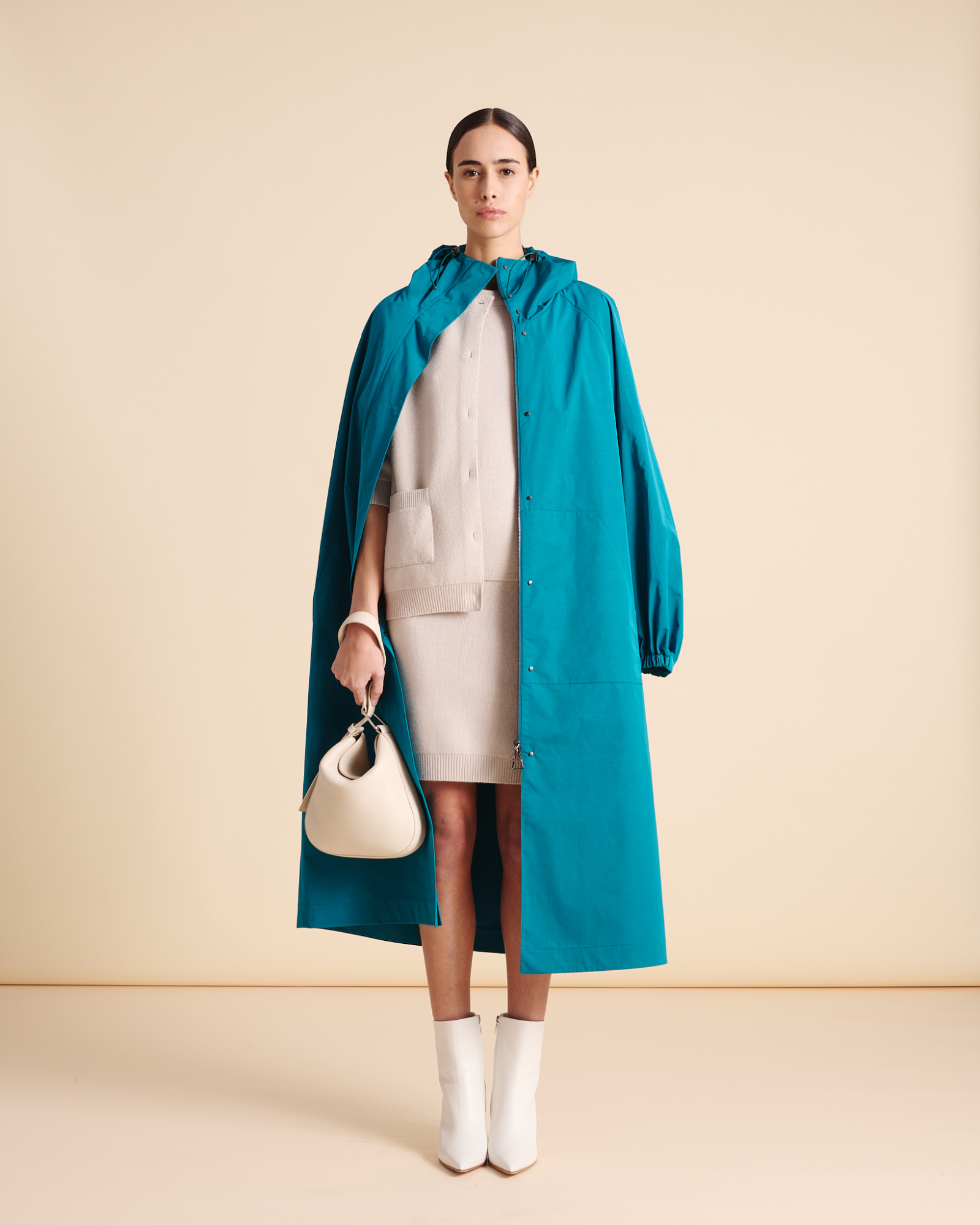 Designer Long Water Repellent Coat with Hood - blue 