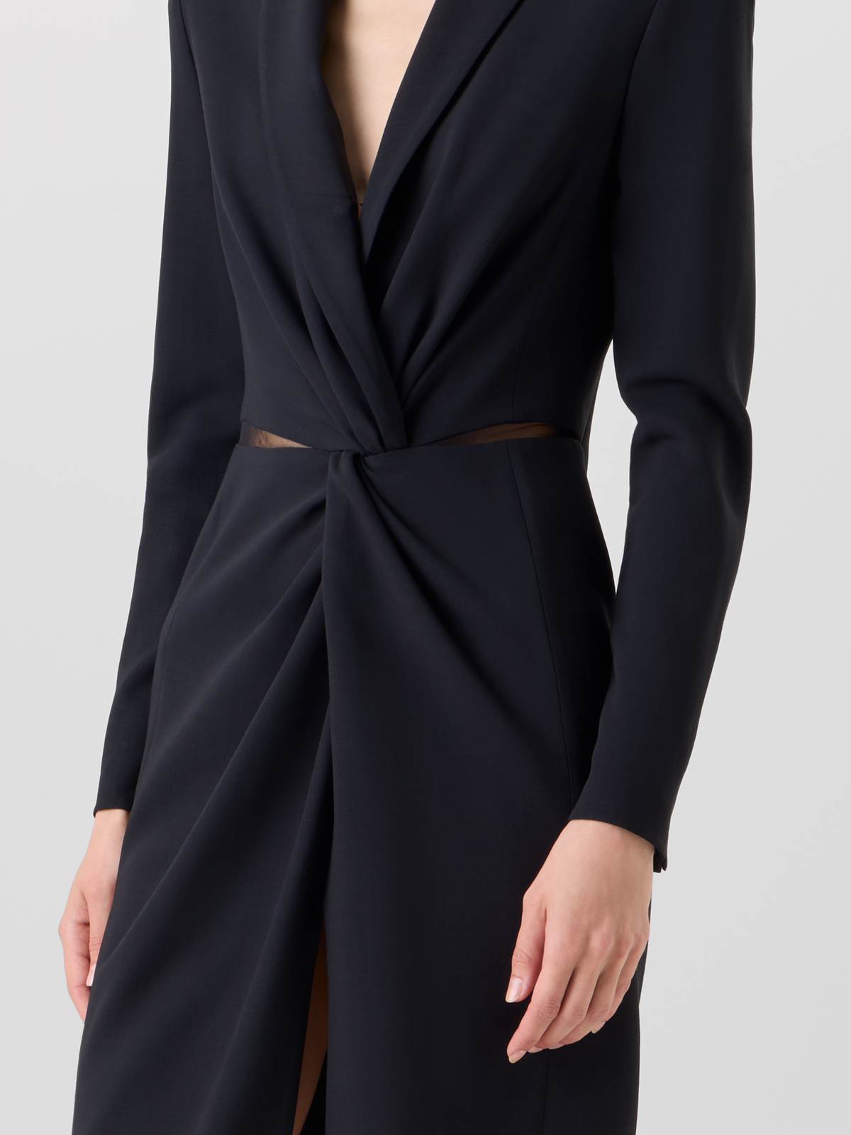Designer Wool Double-Face Dress with Knot Waist - black 