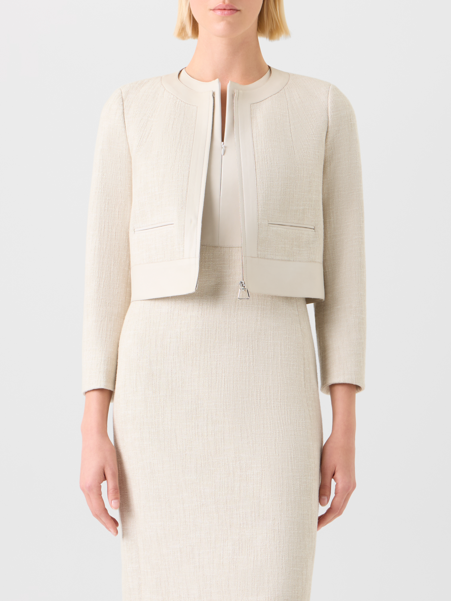 Designer Short Jacket in Cotton Denim with Leather Trim - neutral - ecru - white 