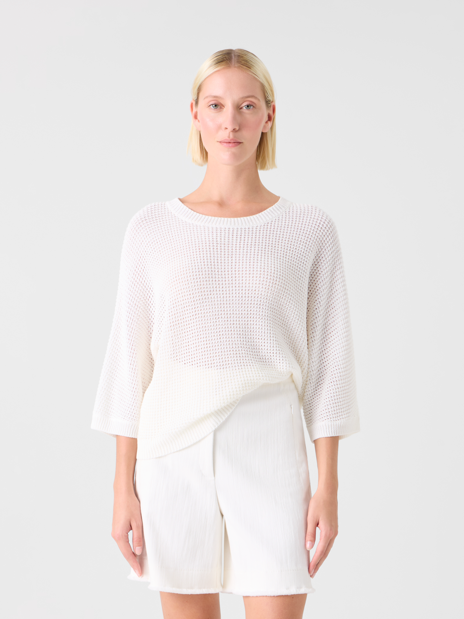 Designer Relaxed Linen-Cotton Boxy Knit Sweater - white 