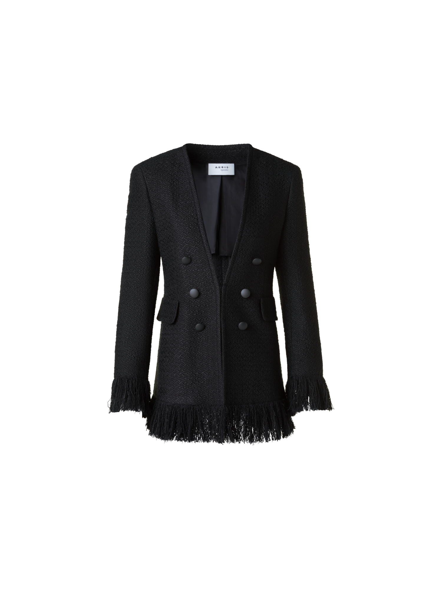 Designer Double-Breasted Illusion Jacket with Fringes - black - neutral