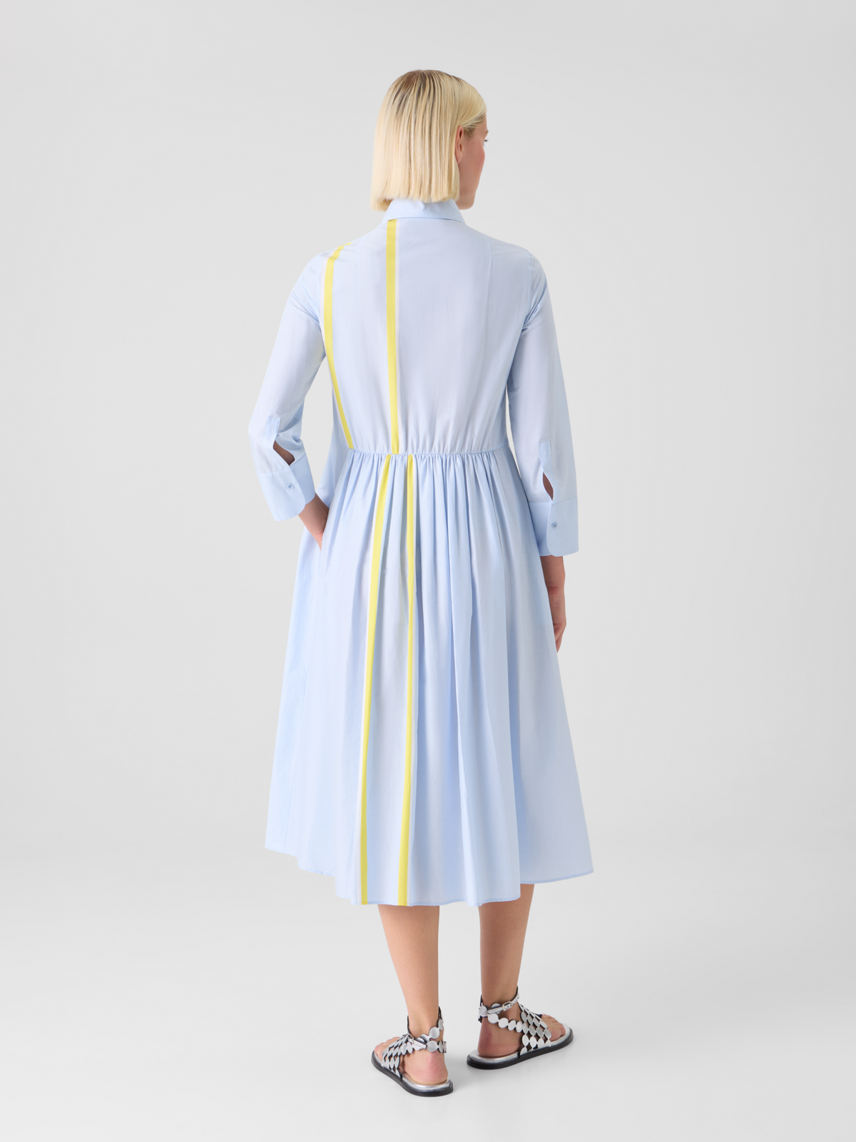 Designer Striped Cotton Chambray Midi Shirt Dress - blue - multicolor