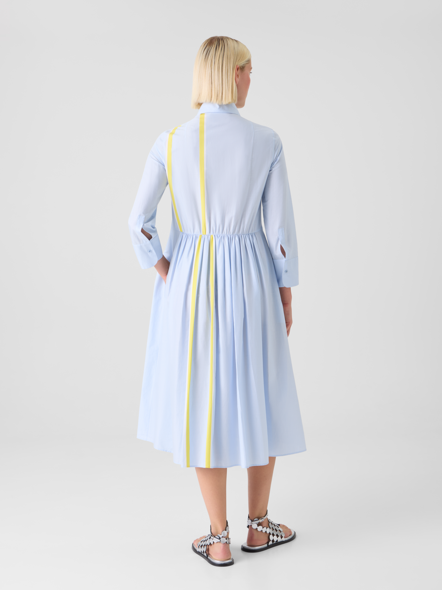 Designer Striped Cotton Chambray Midi Shirt Dress - blue - multicolor