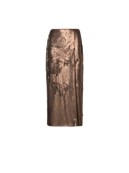 Designer Bi-Color Sequin Jersey Pencil Skirt with Slit - brown - gold