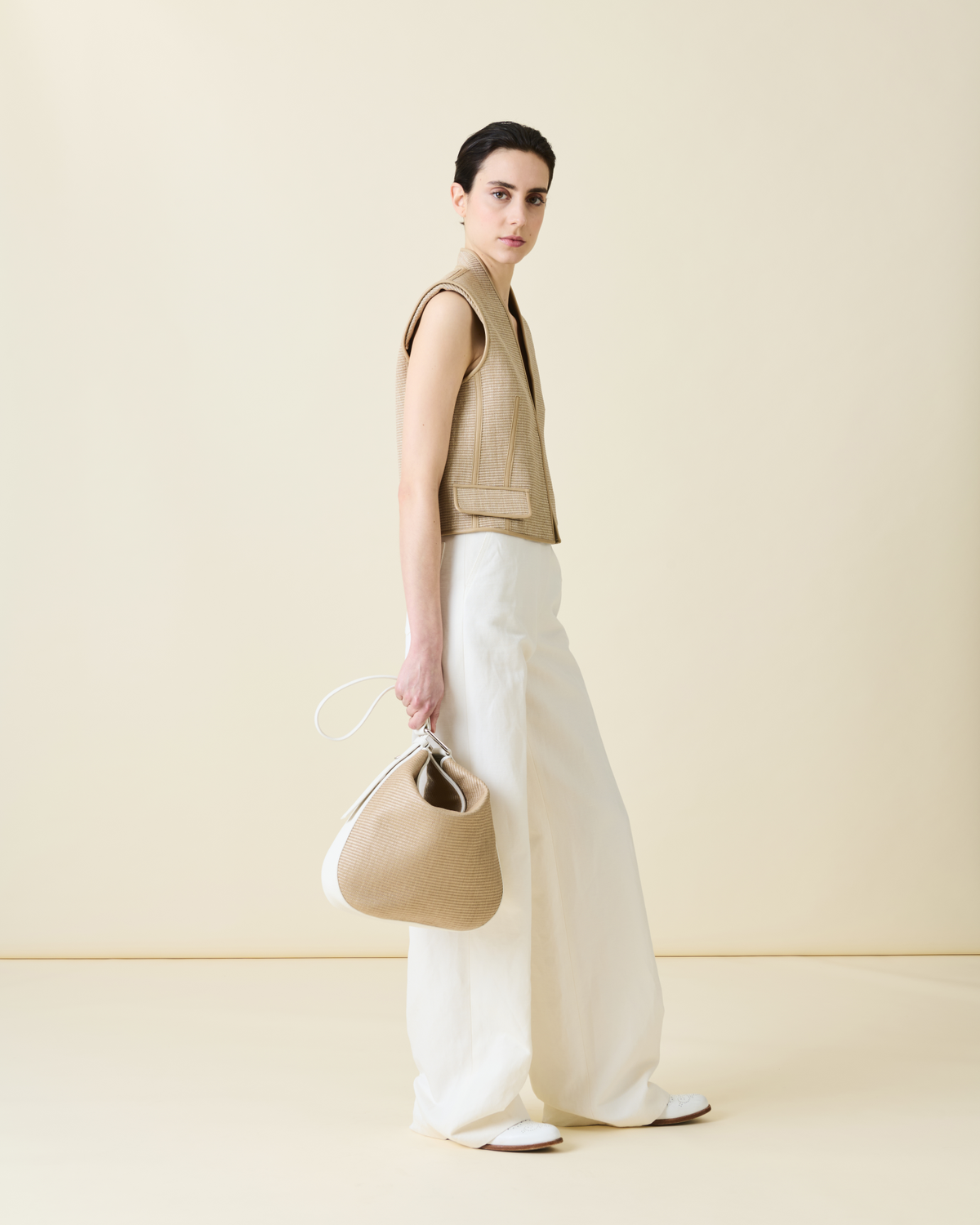 Designer Gilet in Soft Cotton Raffia with Leather Trim - neutral - beige #editorial