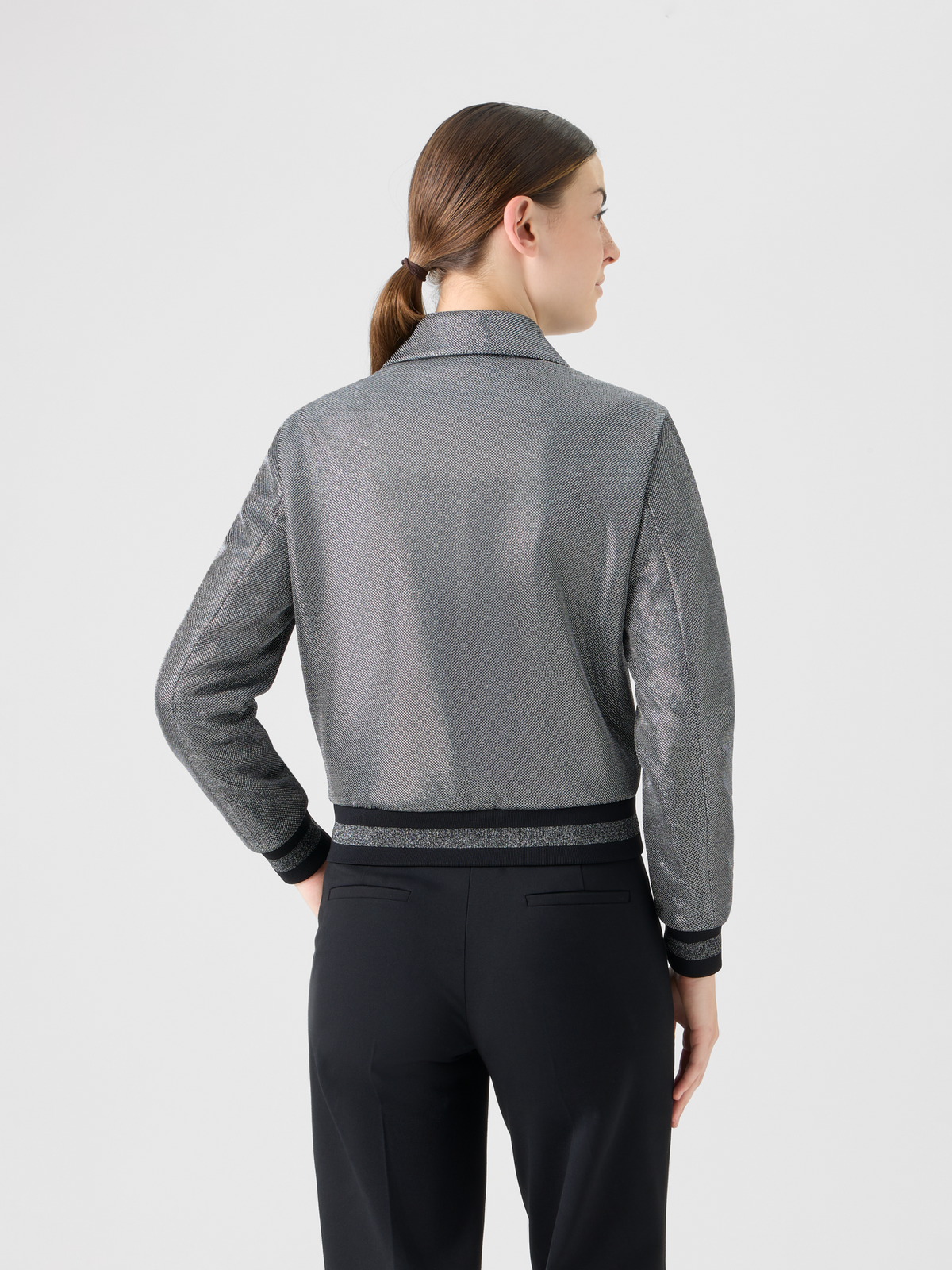 Designer Metallic Birdseye Jersey Bomber Jacket - grey #editorial