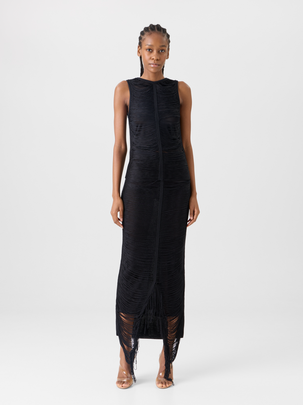 Designer Fitted Fringe Drape Silk Knit Pencil Skirt - black