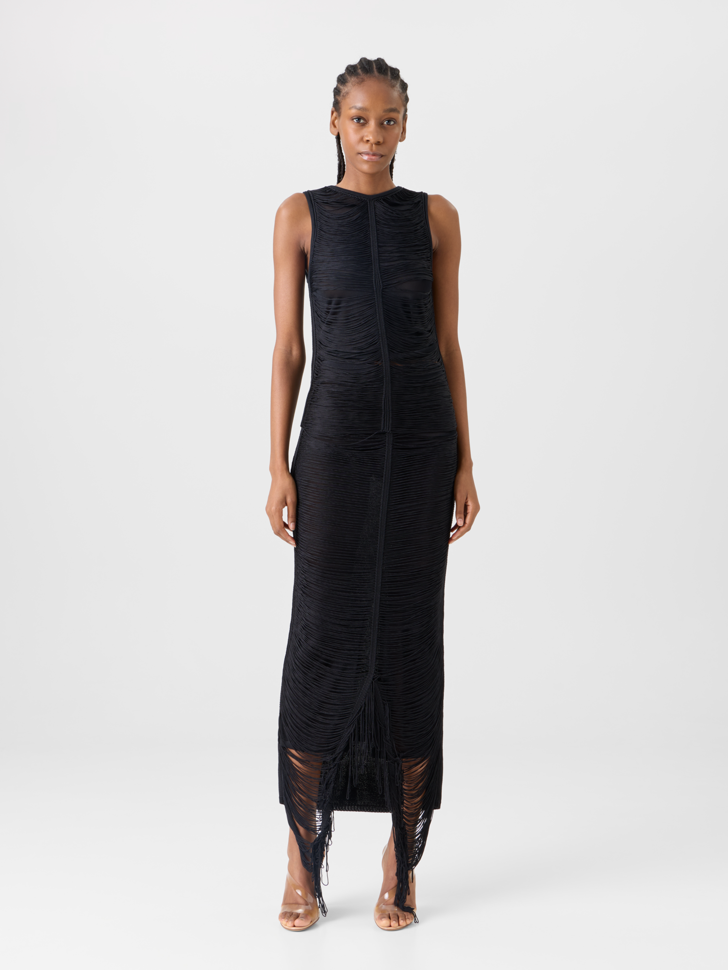 Designer Fitted Fringe Drape Silk Knit Pencil Skirt - black