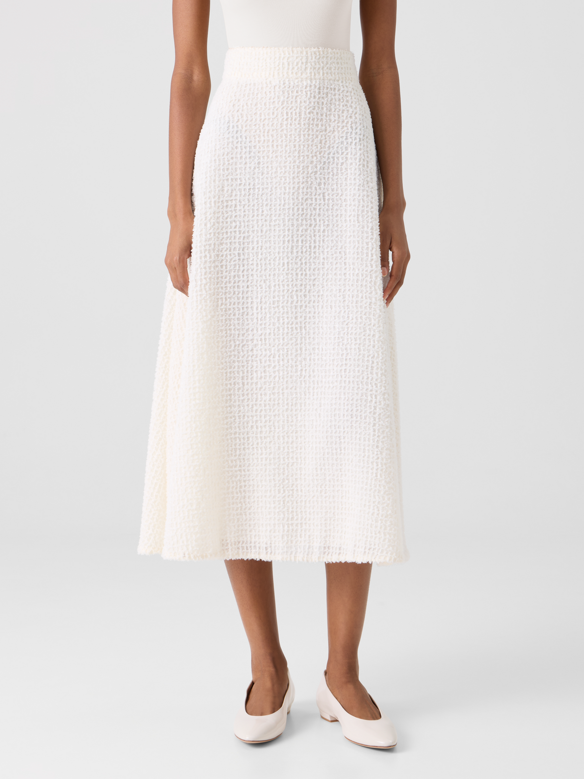 Designer Flared Midi Skirt in Fringed Grid - ecru #editorial