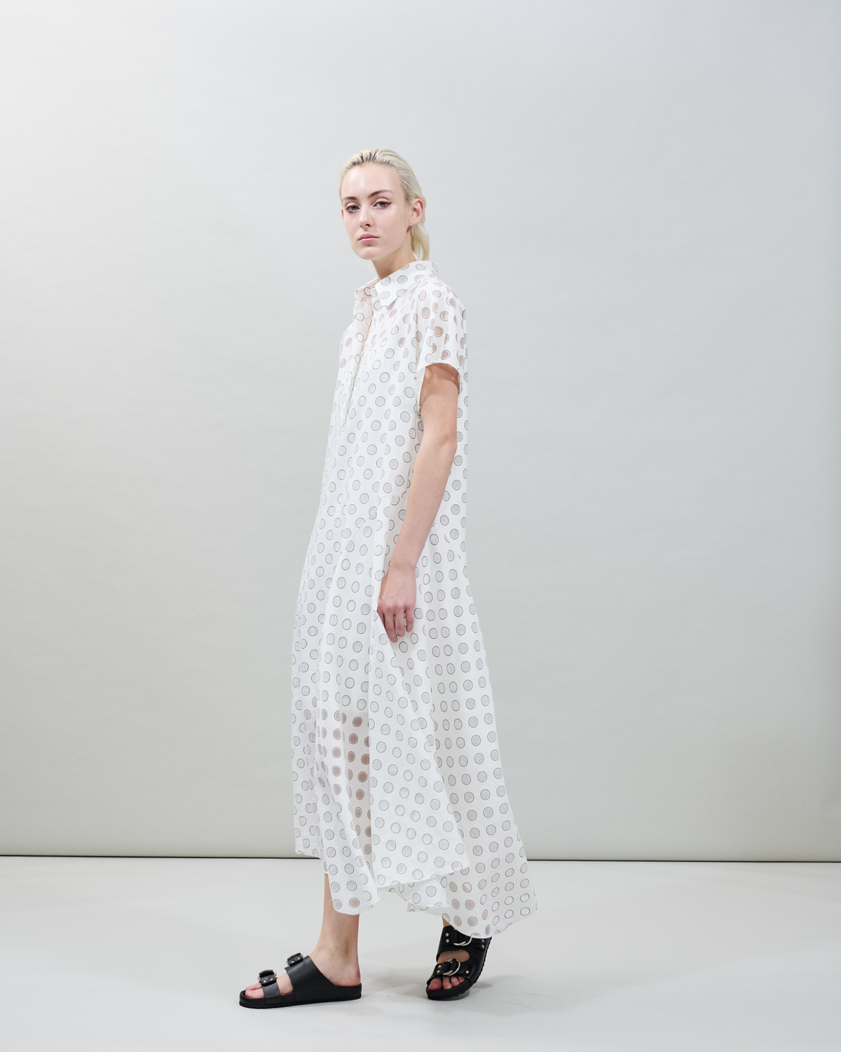 Designer Polka Dot Organzino Midi Dress - neutral - ecru - white #editorial