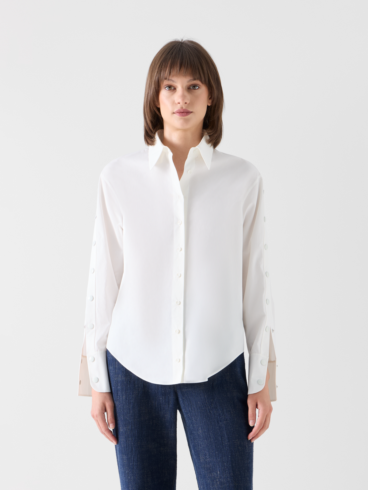 Designer Cotton Poplin Blouse with Snap-Button Slit Sleeves - ecru #editorial