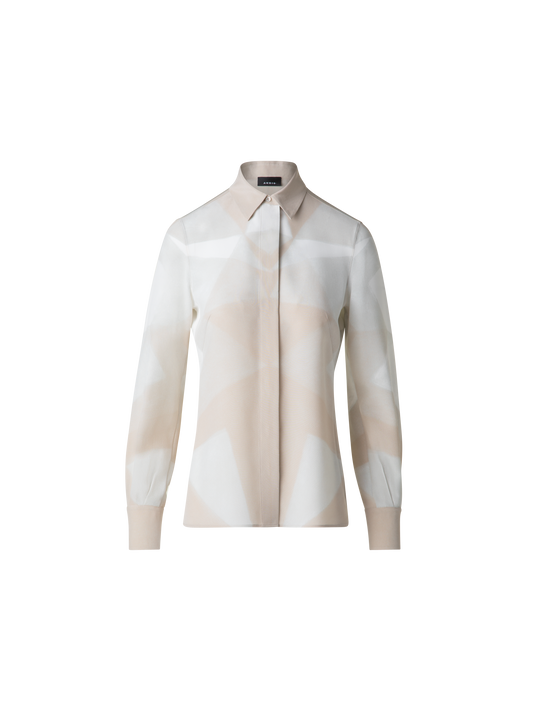 Designer Silk Blouse with Chiaroscuro Print - neutral - pastel - multicolor - ecru - beige - white