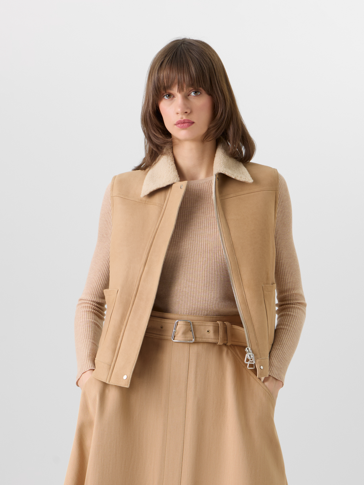 Designer Mika Shearling Gilet with Fur Collar - beige #editorial