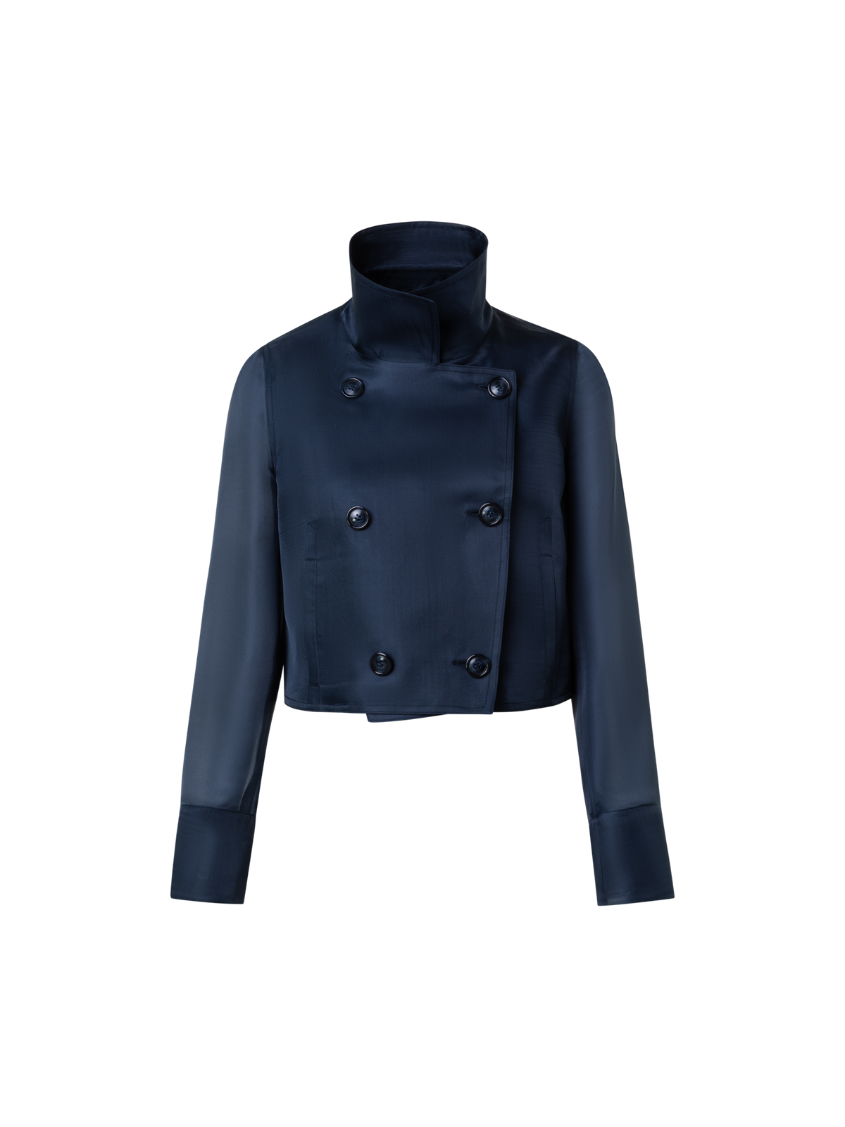 Designer Silk Organza Double-Breasted Short Jacket - navy - blue