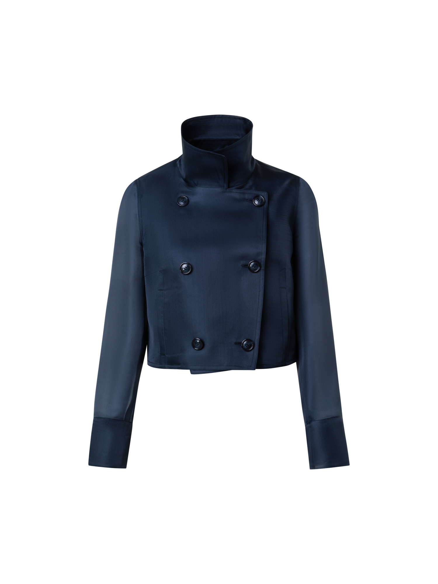 Designer Silk Organza Double-Breasted Short Jacket - navy - blue