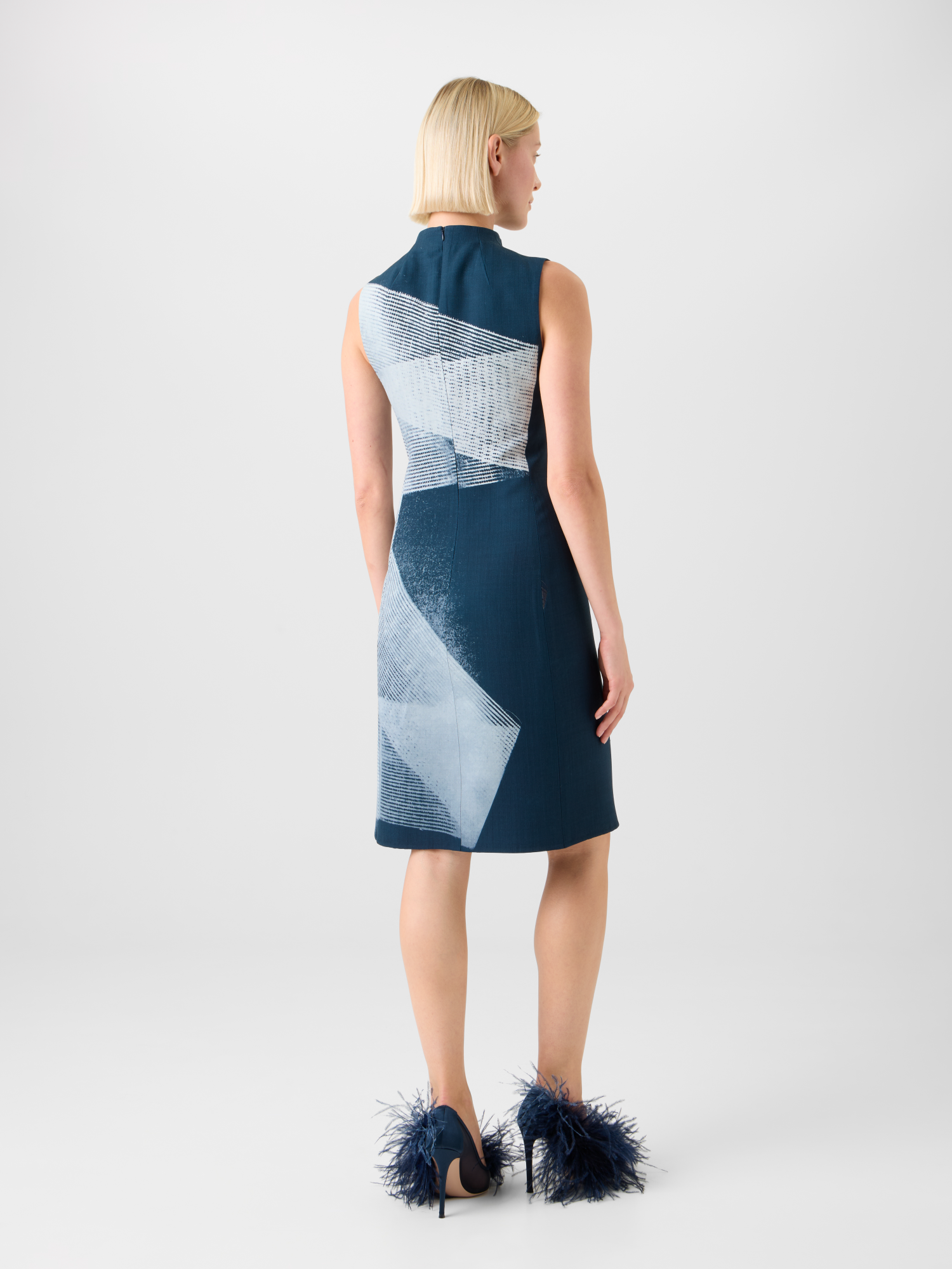 Designer Wool Double-Face Sheath Dress in Zigzag Print - neutral - navy - blue - multicolor 