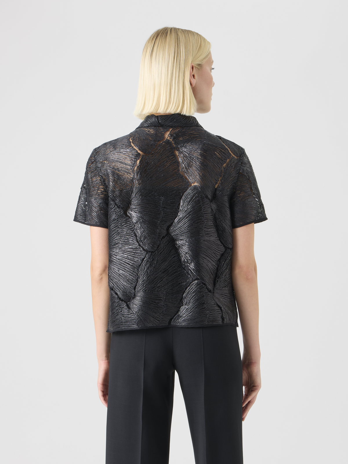 Designer Polo Blouse in Lacquered Sea Fan Lace  - black #editorial