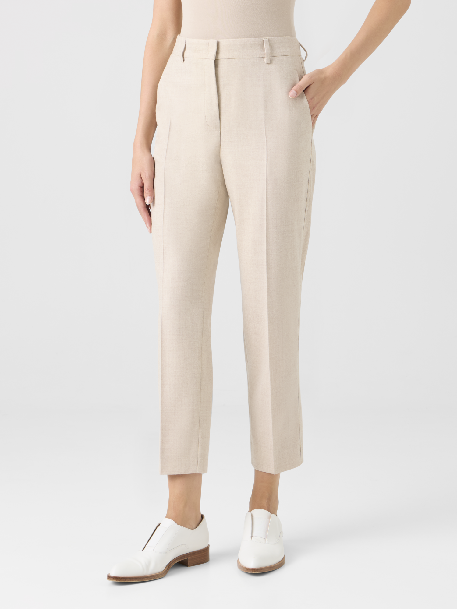 Designer Tapered Wool Stretch Flannel Ankle Pants - beige 