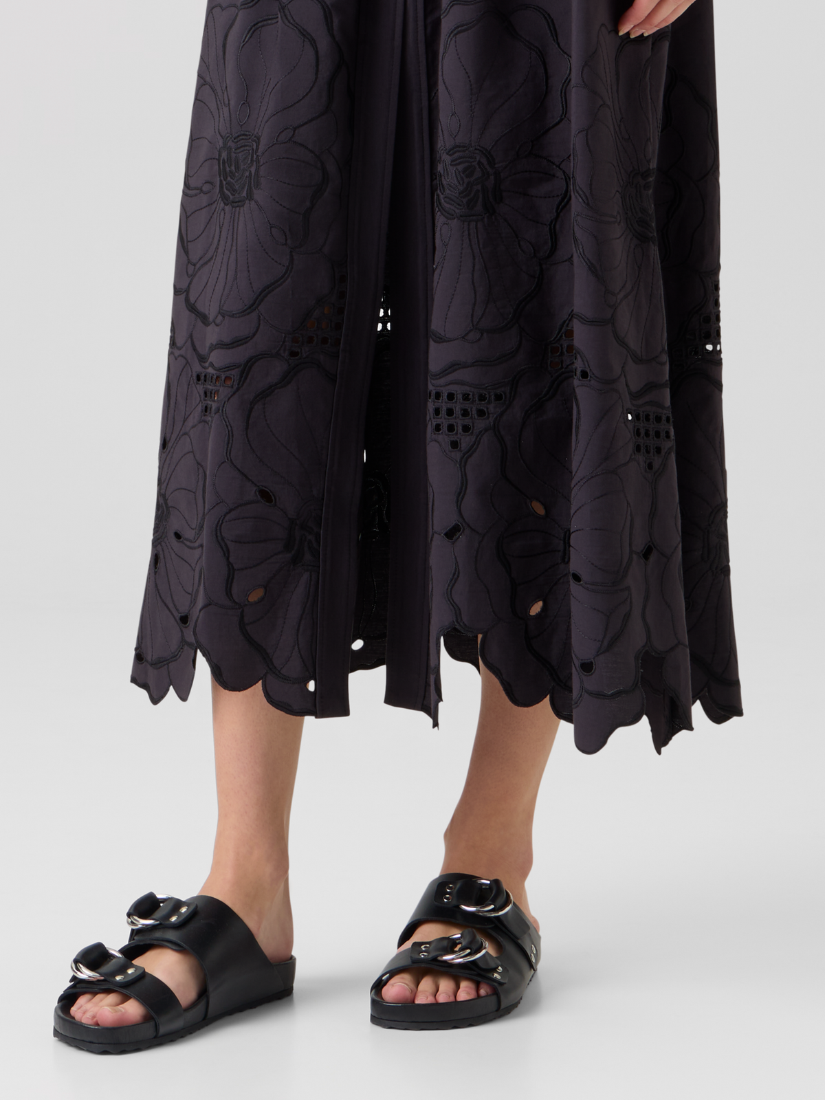 Designer Flared Flower Eyelet Midi Skirt - black #editorial