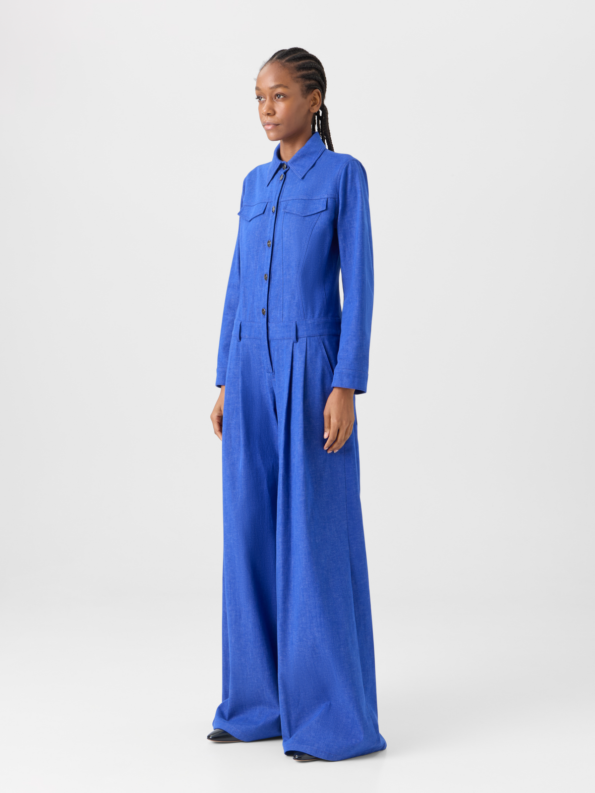 Designer Hellan Fitted Jumpsuit in Cotton Denim - blue #editorial
