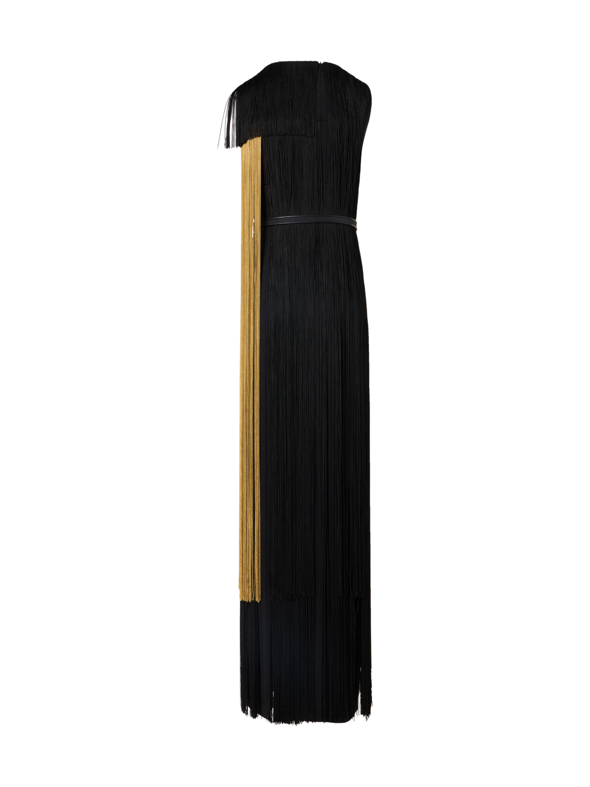Designer Silk Gown with Oro Lienzo Maxi Fringes - black - multicolor - gold