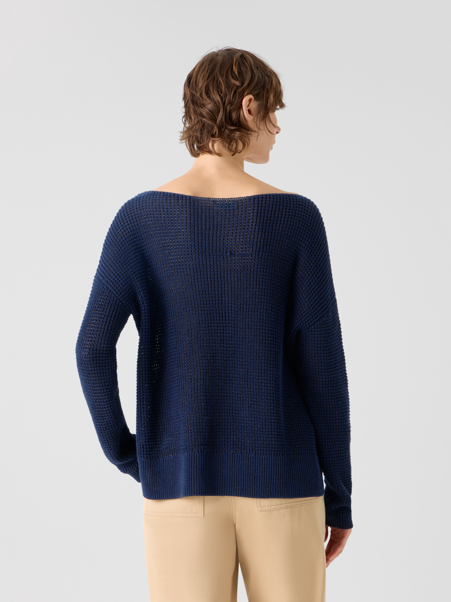 Designer Off-Shoulder Linen-Cotton V-Neck Knit Sweater - navy - blue 