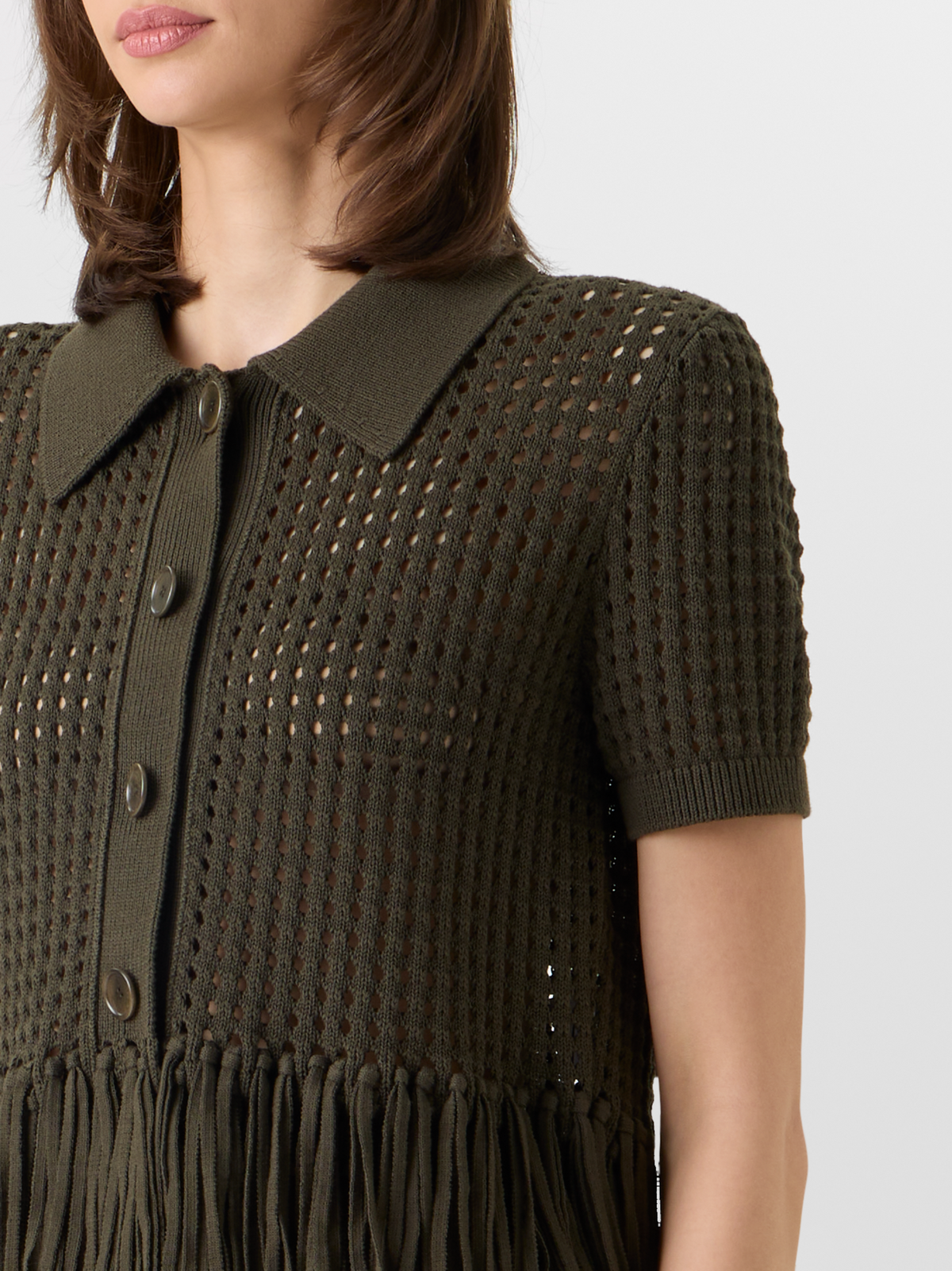 Designer Short-Sleeve Chunky Cotton Mesh Knit Cardigan - green #editorial