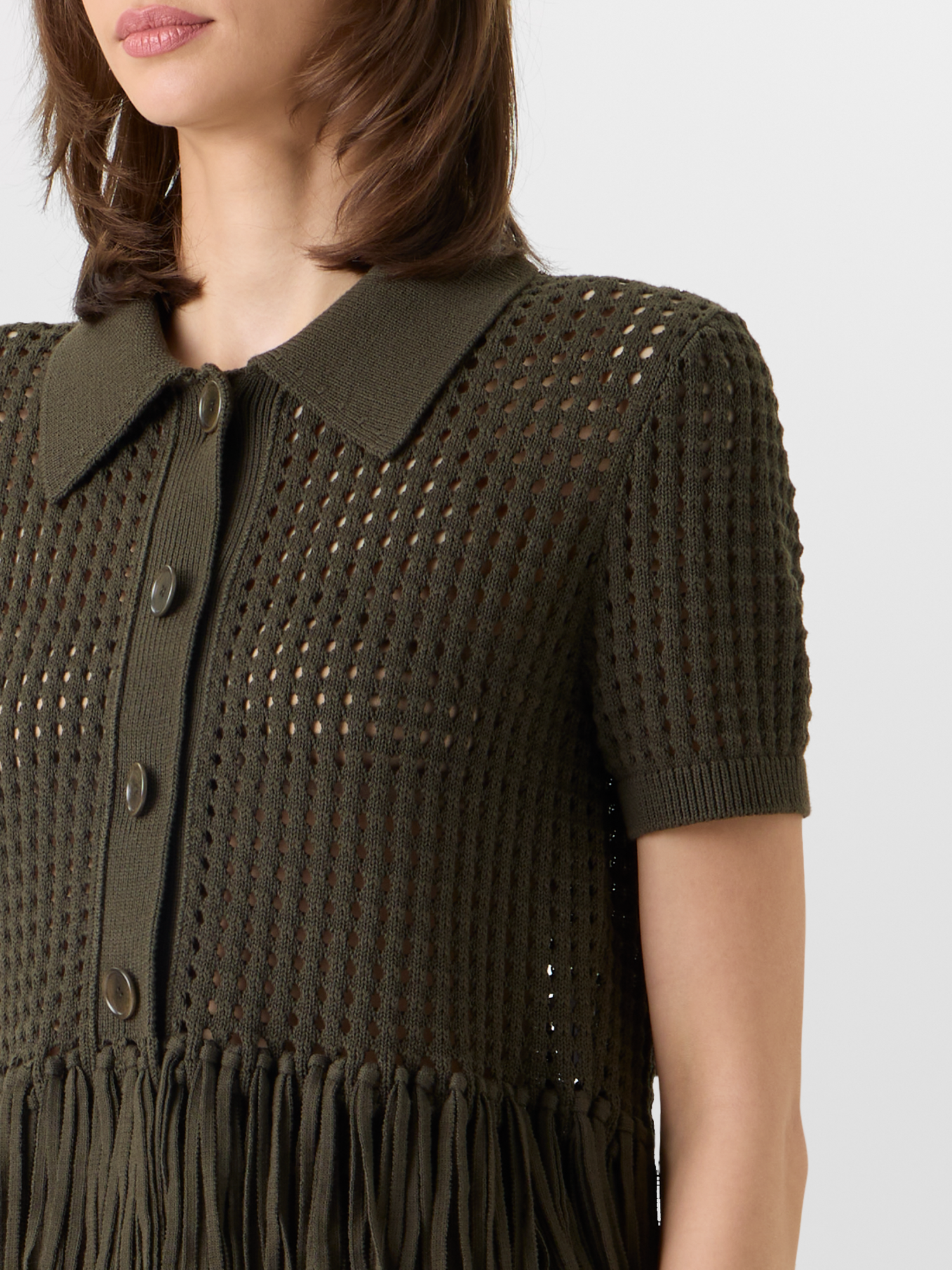 Designer Short-Sleeve Chunky Cotton Mesh Knit Cardigan - green 