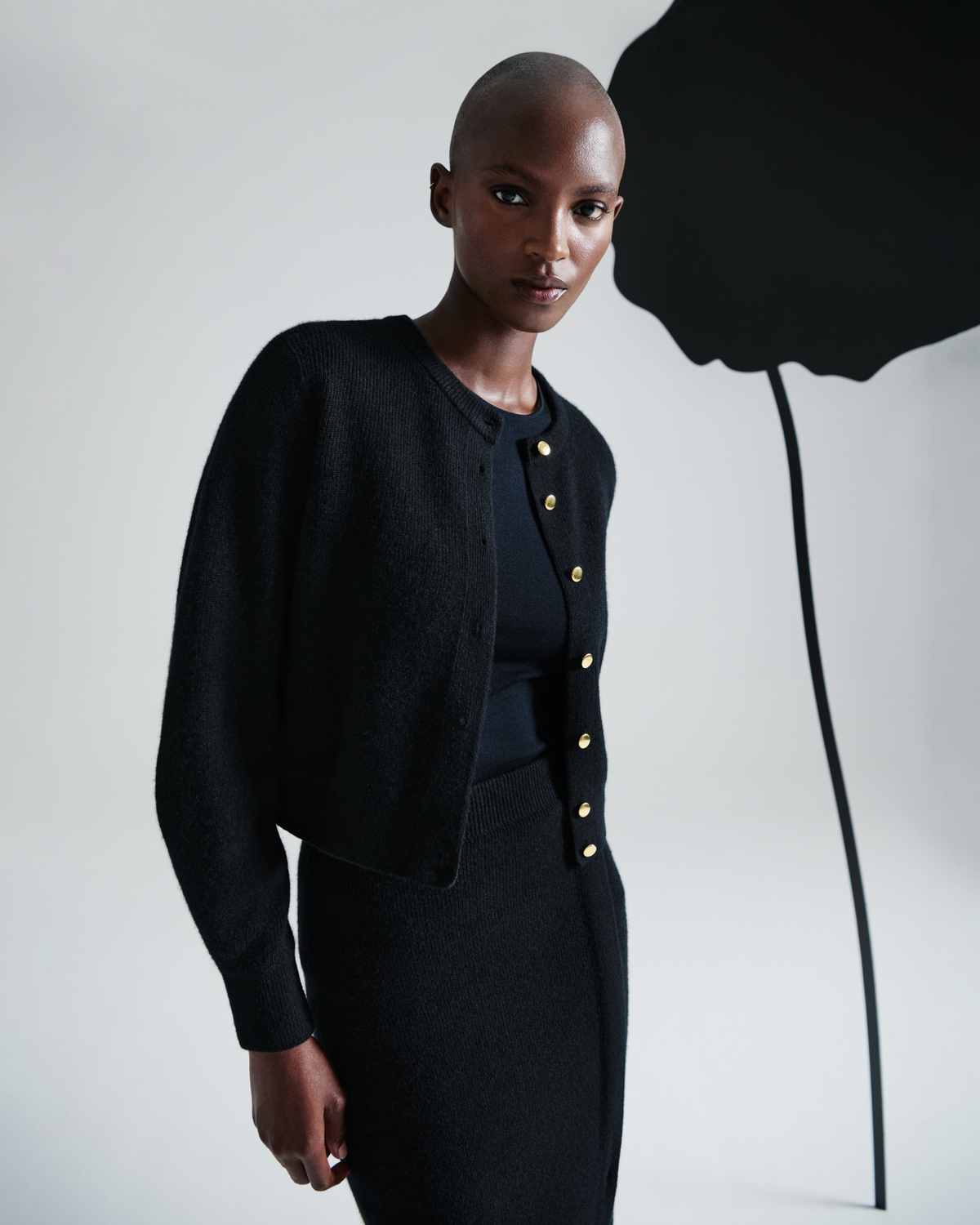 Ribbed Cashmere Cardigan with Gold Buttons Black / 12 Ribbed Cashmere Cardigan with Gold Buttons Black / 12