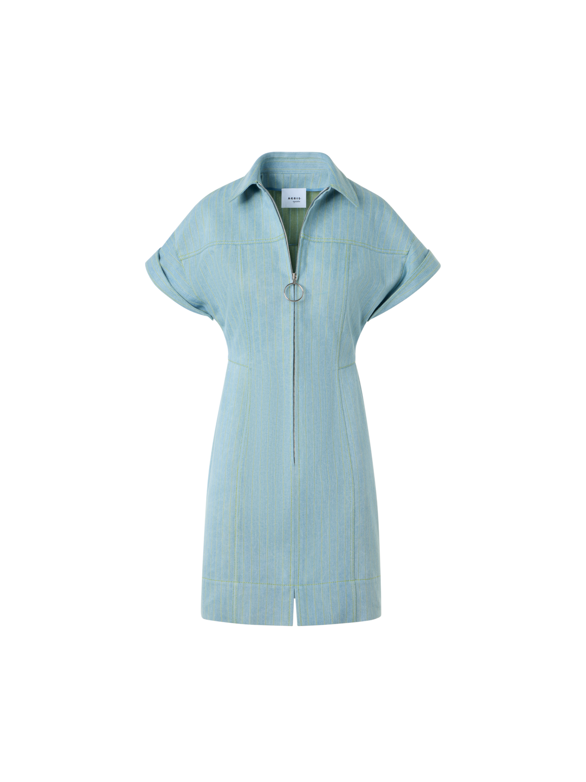 Designer Fitted Pinstripe Denim Mini Shirt Dress - blue