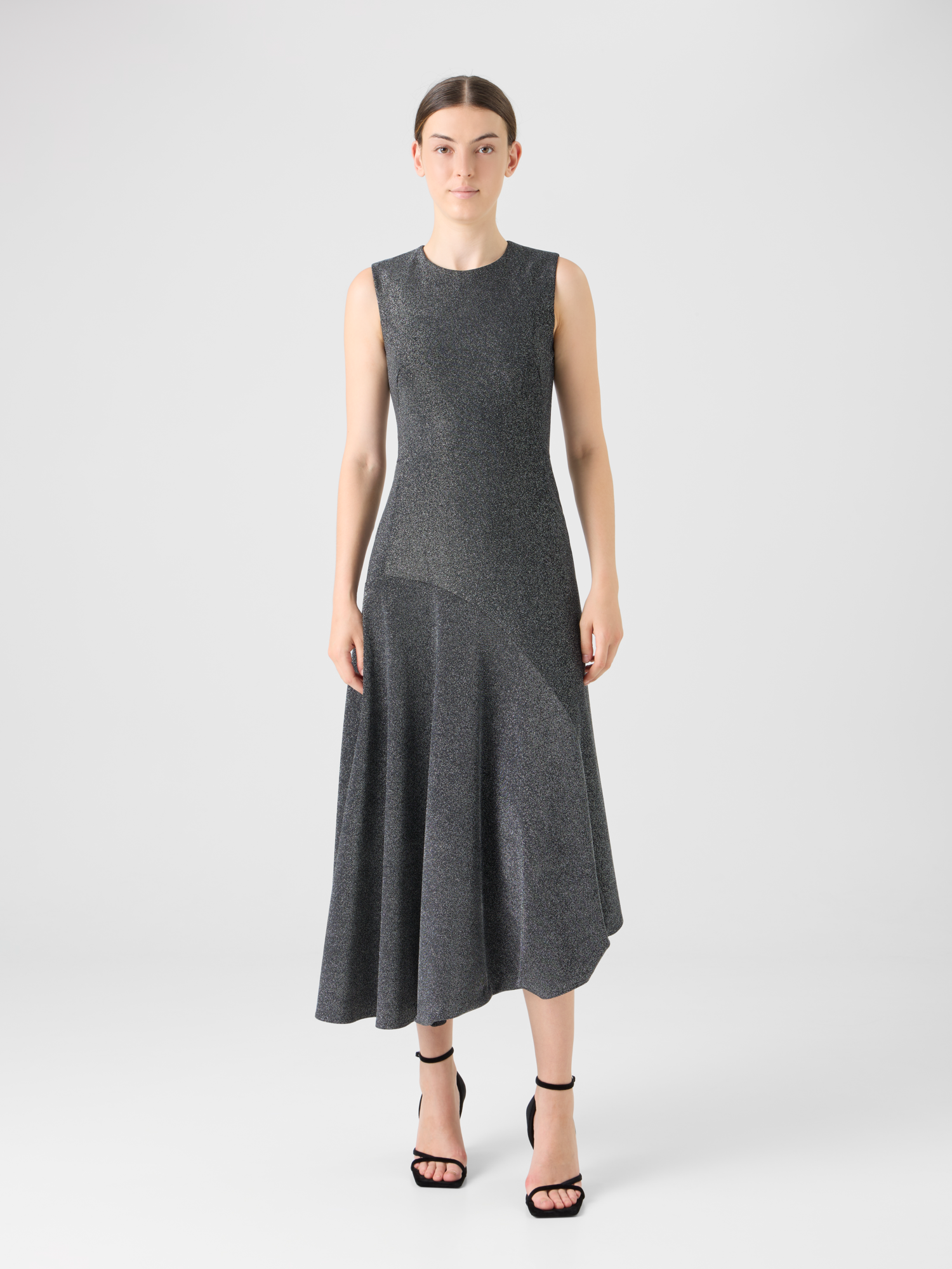 Designer Metallic Jersey Dress with Handkerchief Hem - silver 