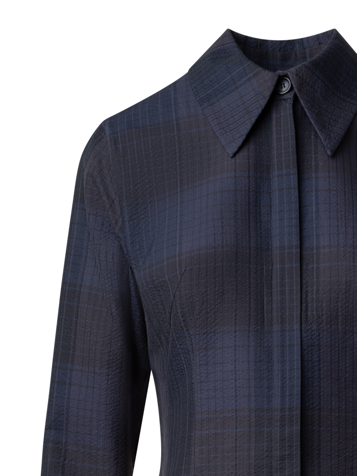 Designer Midi Shirt Dress in Cotton Silk Seersucker - navy