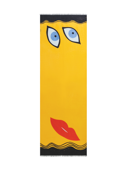 Designer Scarf in Cashmere and Silk with Portrait Print - multicolor - yellow