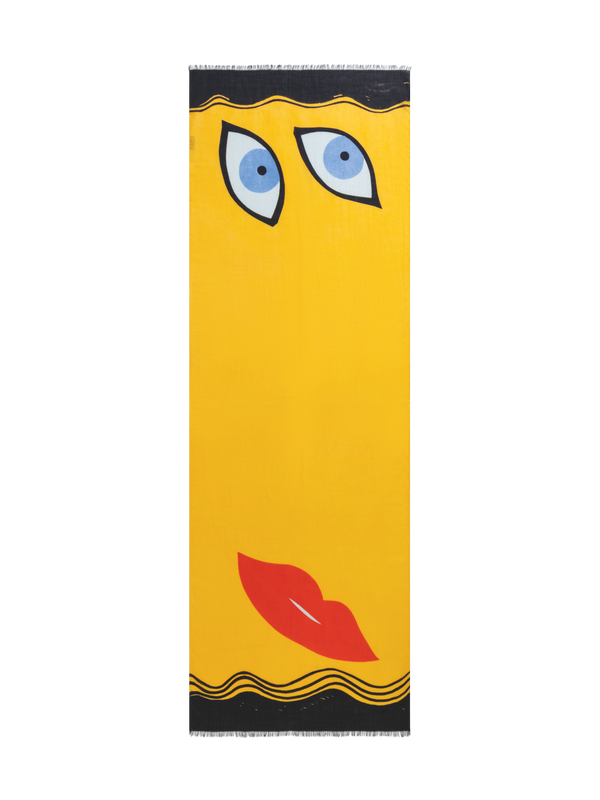 Designer Scarf in Cashmere and Silk with Portrait Print - multicolor - yellow