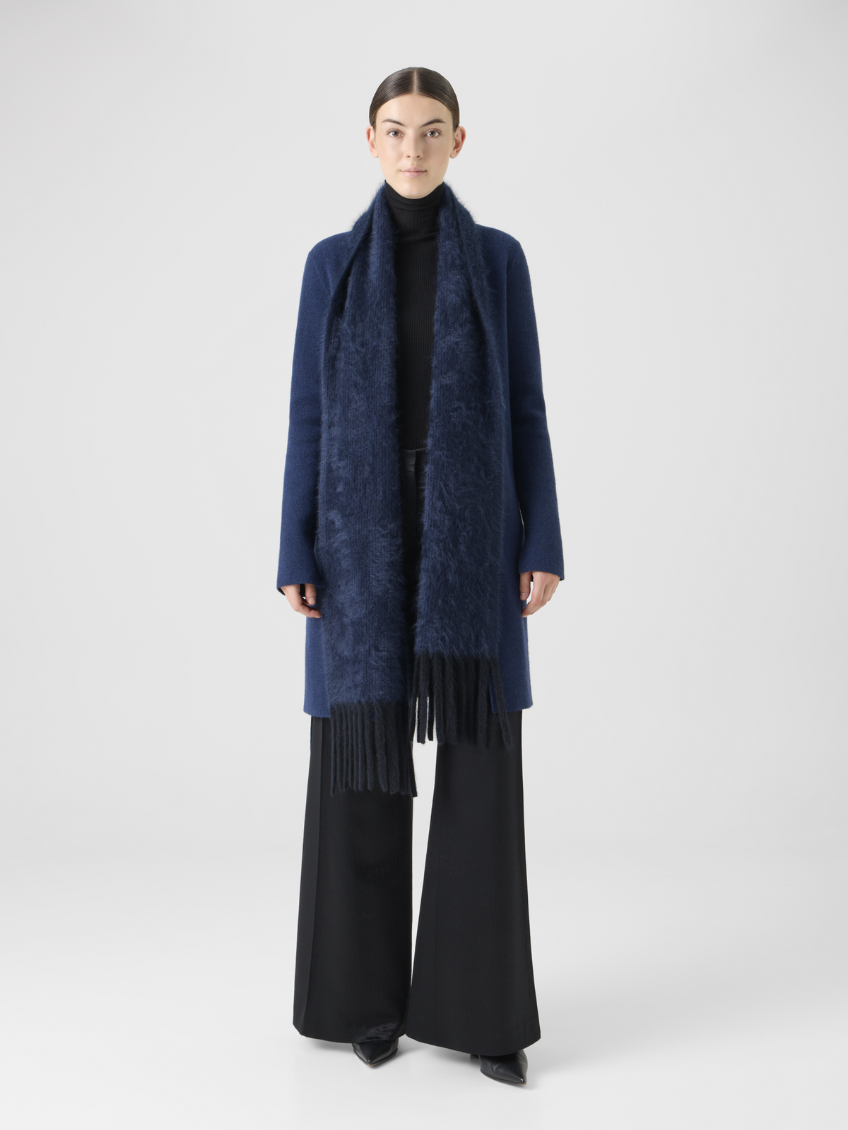 Designer Bi-Color Cloud Cashmere Scarf with Fringes - navy #editorial