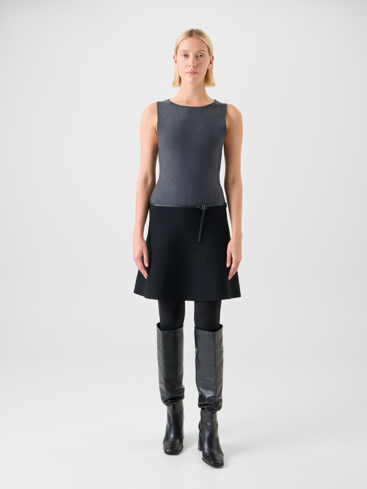 Designer A-Line Belted Milano Knit Mini Dress - black - neutral - grey - multicolor #editorial
