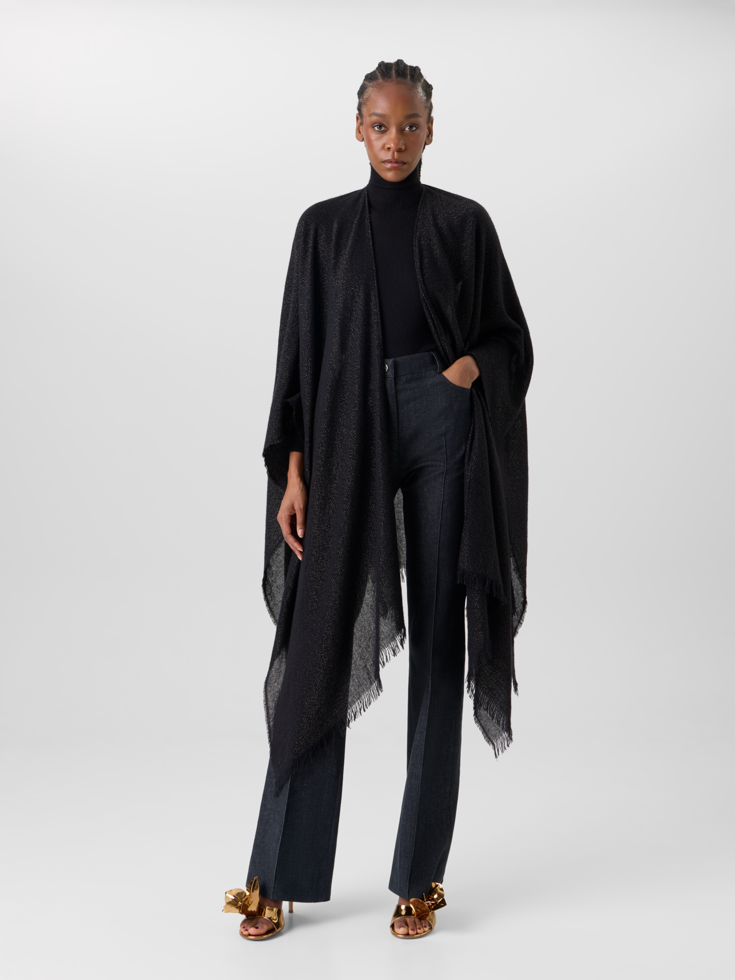 Designer Wool Cashmere Lurex Cape Scarf - multicolor - gold - black 