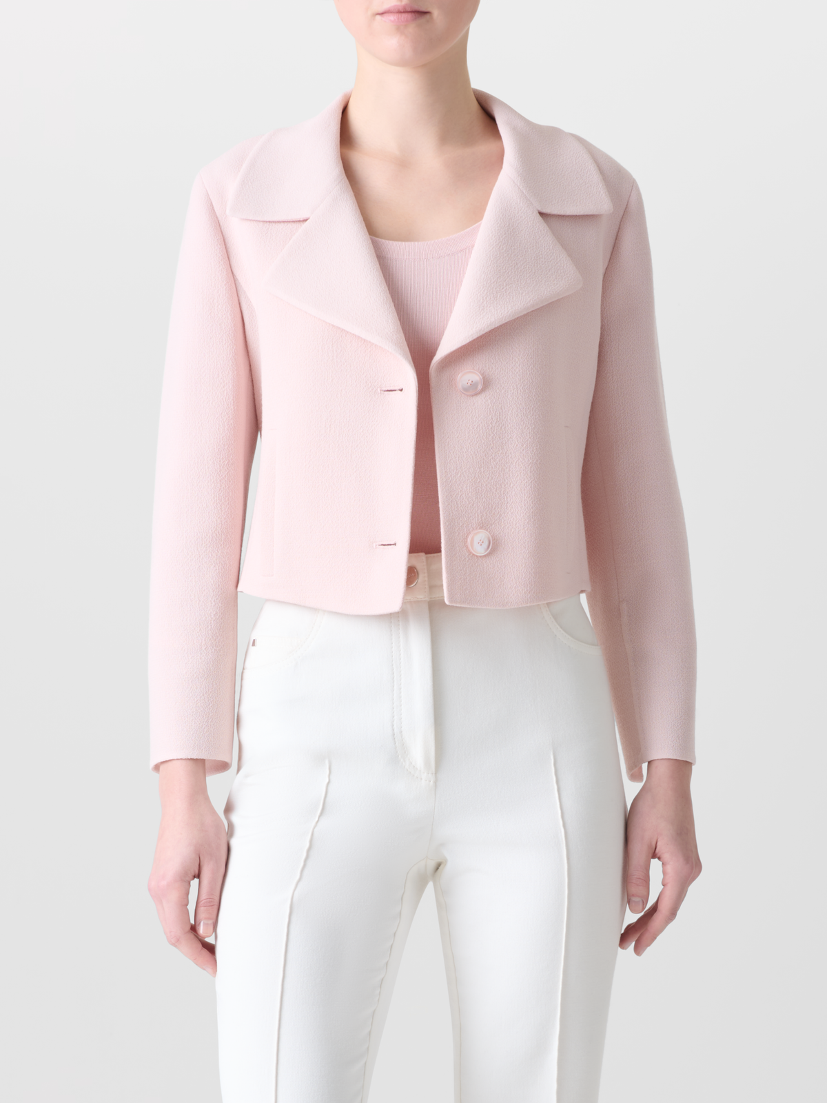 Designer Cropped Jacket in Wool Crêpe Double-Face - pink - pastel #editorial